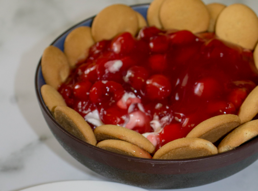 The Cherry Cheesecake dip in a pan.