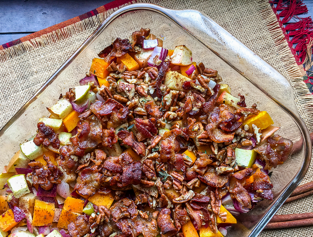 Apple Butternut Squash Casserole with Bacon-Pecan Topping, a paleo side dish, is great for your holidays, Thanksgiving or Christmas, or family dinner.