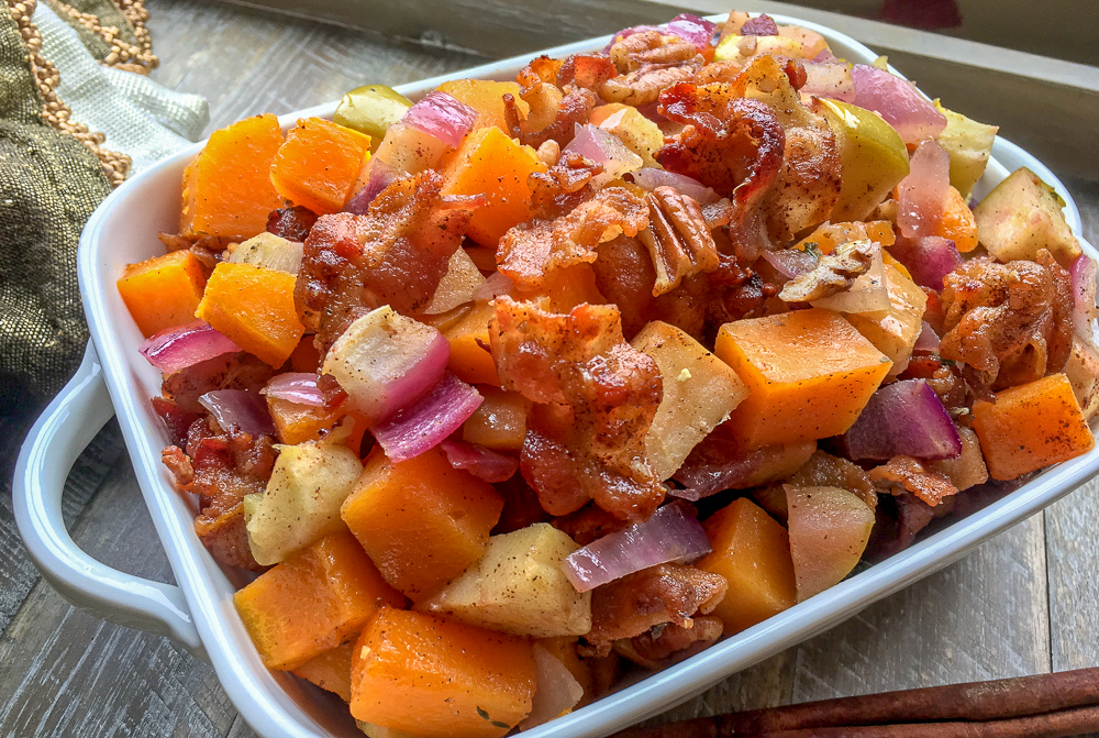 Apple Butternut Squash Casserole with Bacon-Pecan Topping, a paleo side dish, is great for your holidays, Thanksgiving or Christmas, or family dinner.