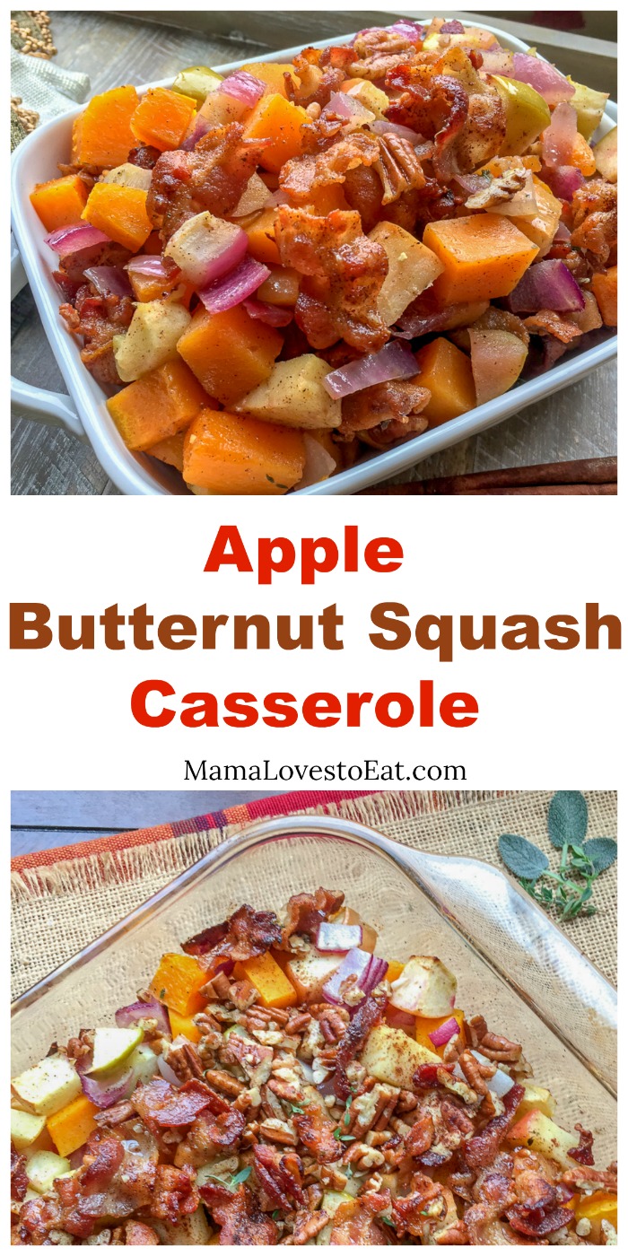 Apple Butternut Squash Casserole with Bacon-Pecan Topping, a paleo side dish, is great for your holidays, Thanksgiving or Christmas, or family dinner.
