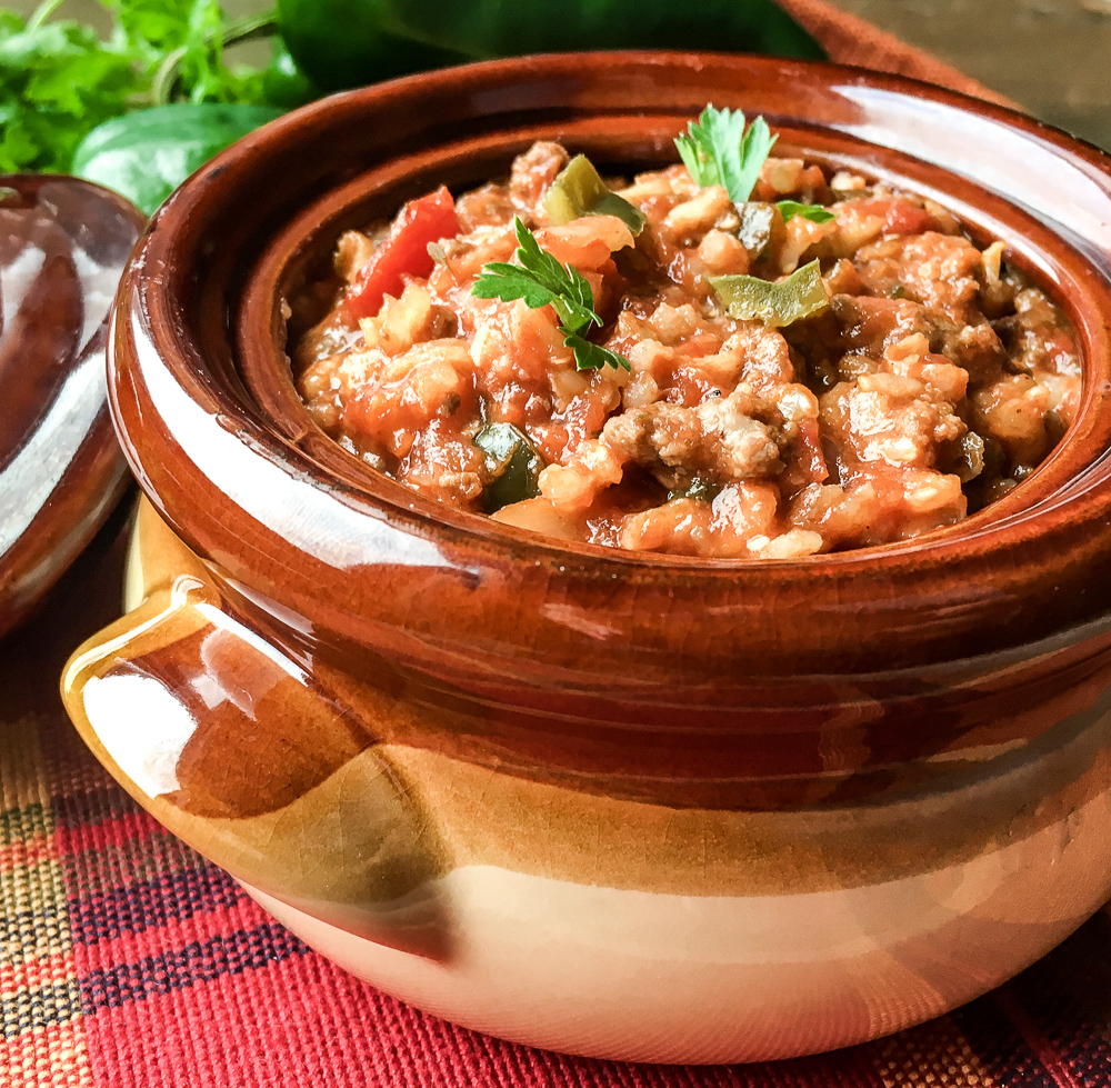 stuffed pepper soup in a crock