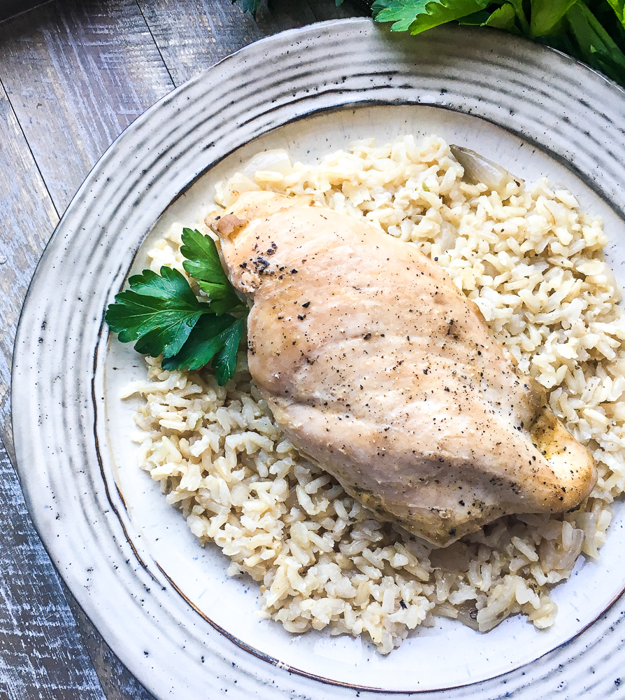 chicken on top of rice.