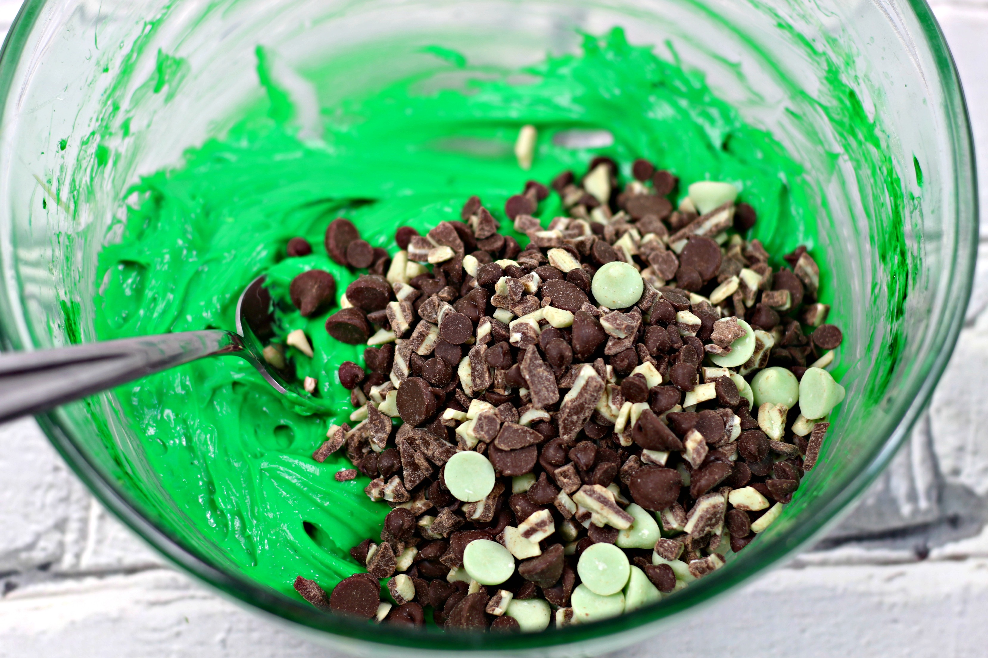 chocolate and mint chips in the cheesecake batter