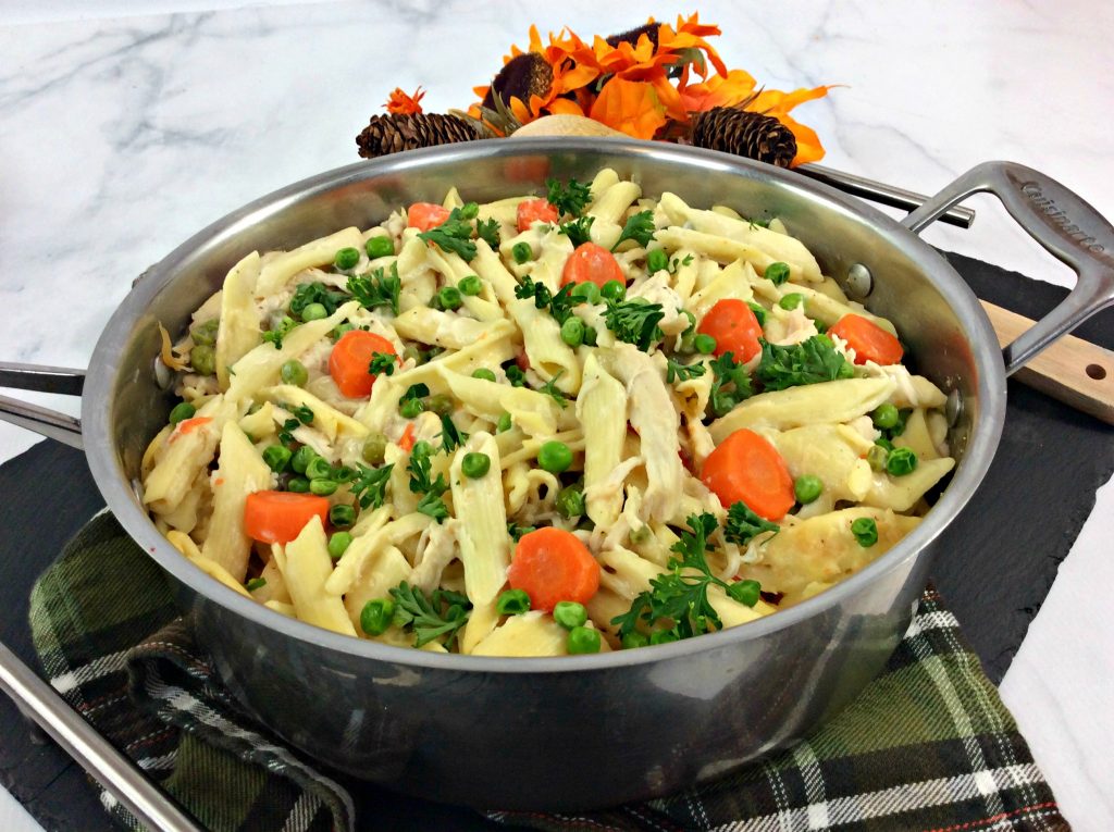 turkey bacon alfredo pasta in a pot