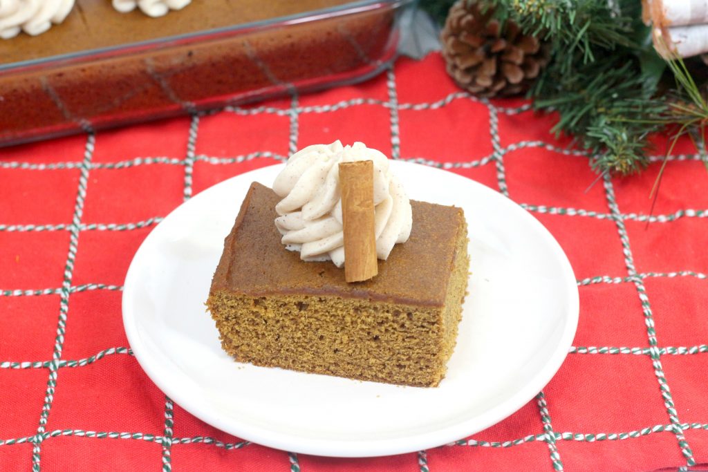 old fashion gingerbread cake on a white plate