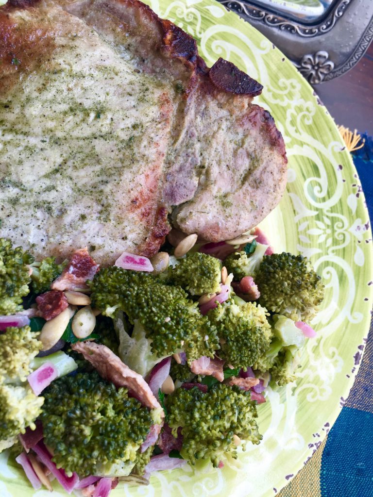 ranch pork chops on a plate with broccoli