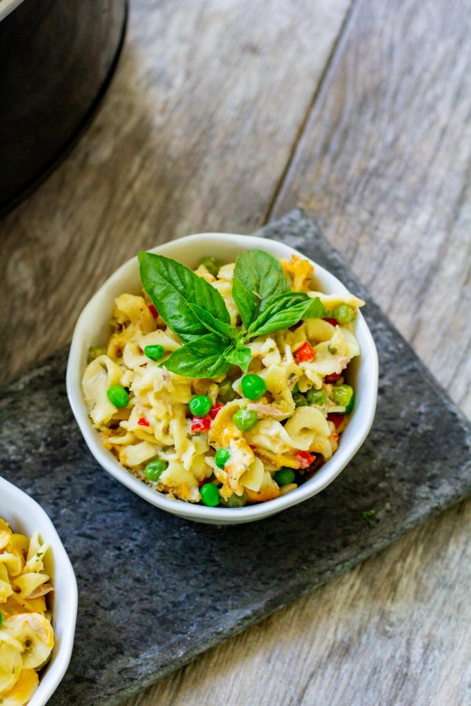 healthy tuna noodle casserole in a bowl
