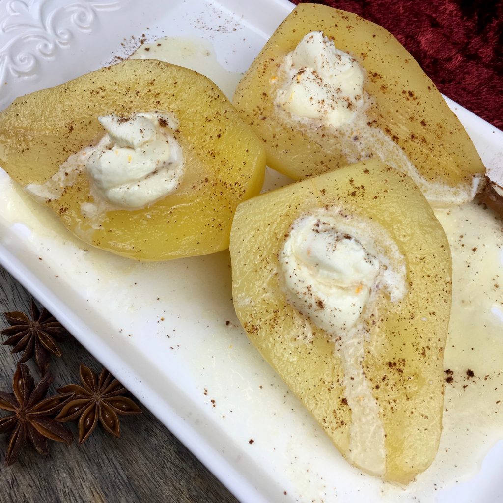 Poached Pears with Honey Marscapone Cream