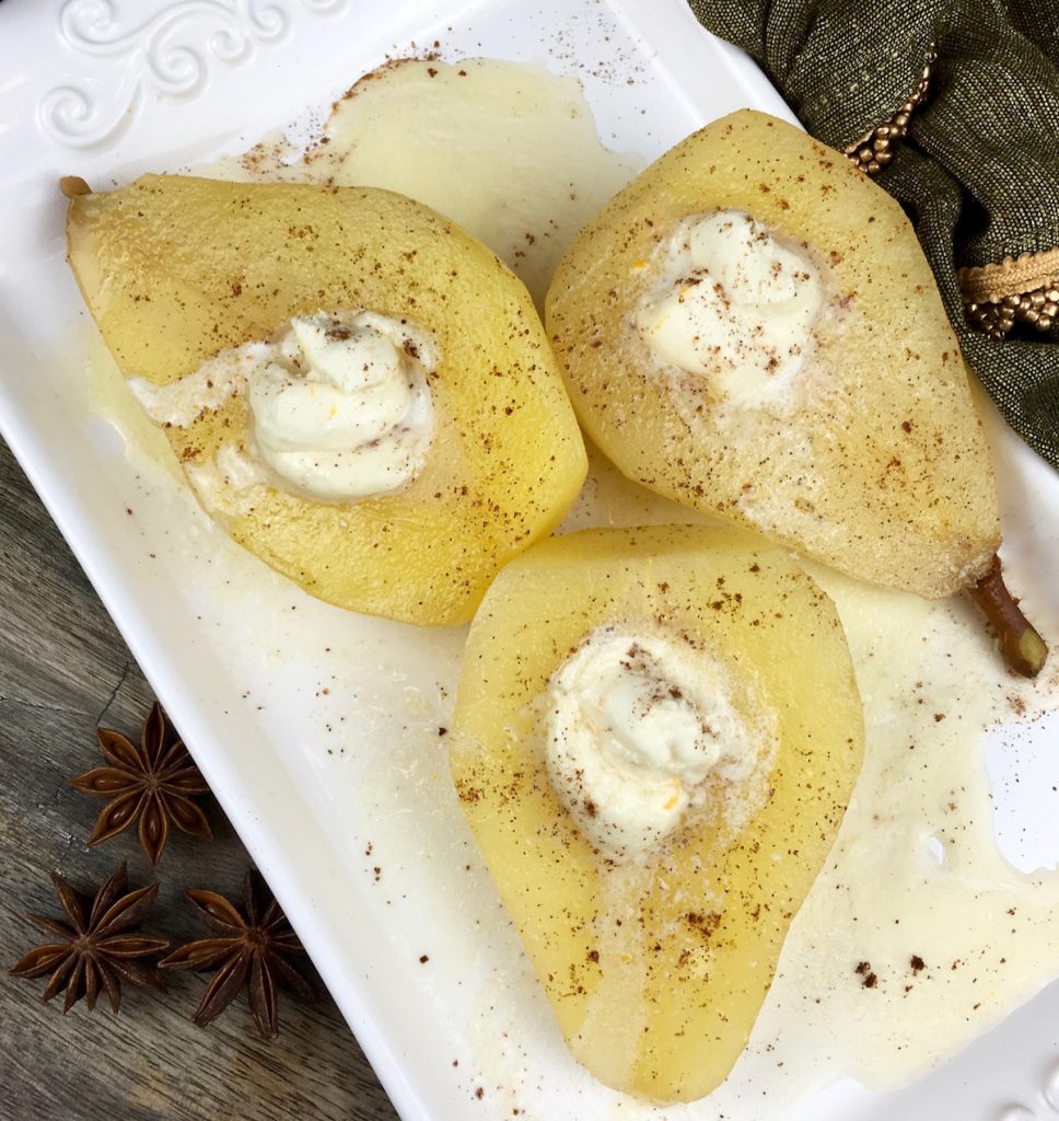Poached Pears with Honey Marscapone Cream
