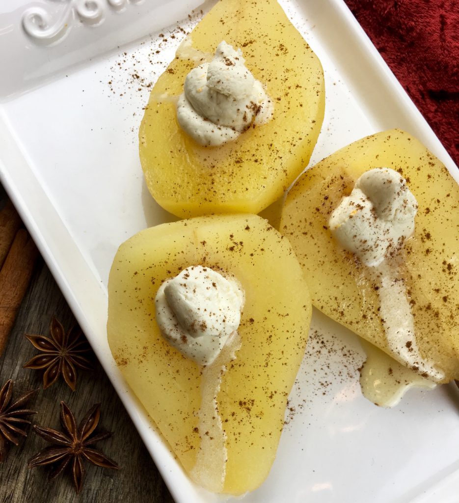 Poached Pears with Honey Marscapone Cream