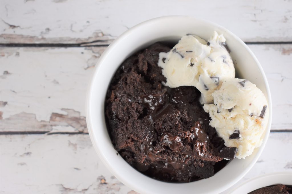 The cake in a white bowl.