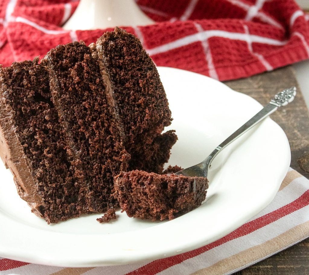 Chocolate Cake on a white plate.