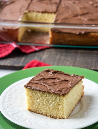 Classic Yellow Cake topped with chocolate frosting.