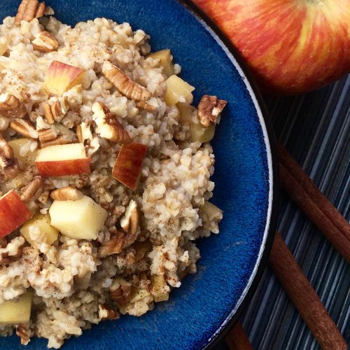 Apple Cinnamon Oatmeal in a blue bowl.