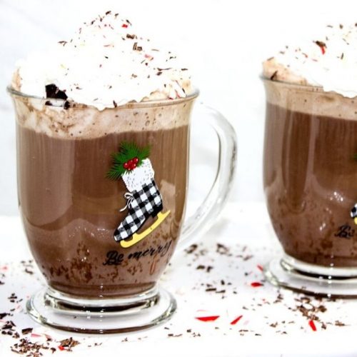 Boozy Hot Chocolate on a white table.