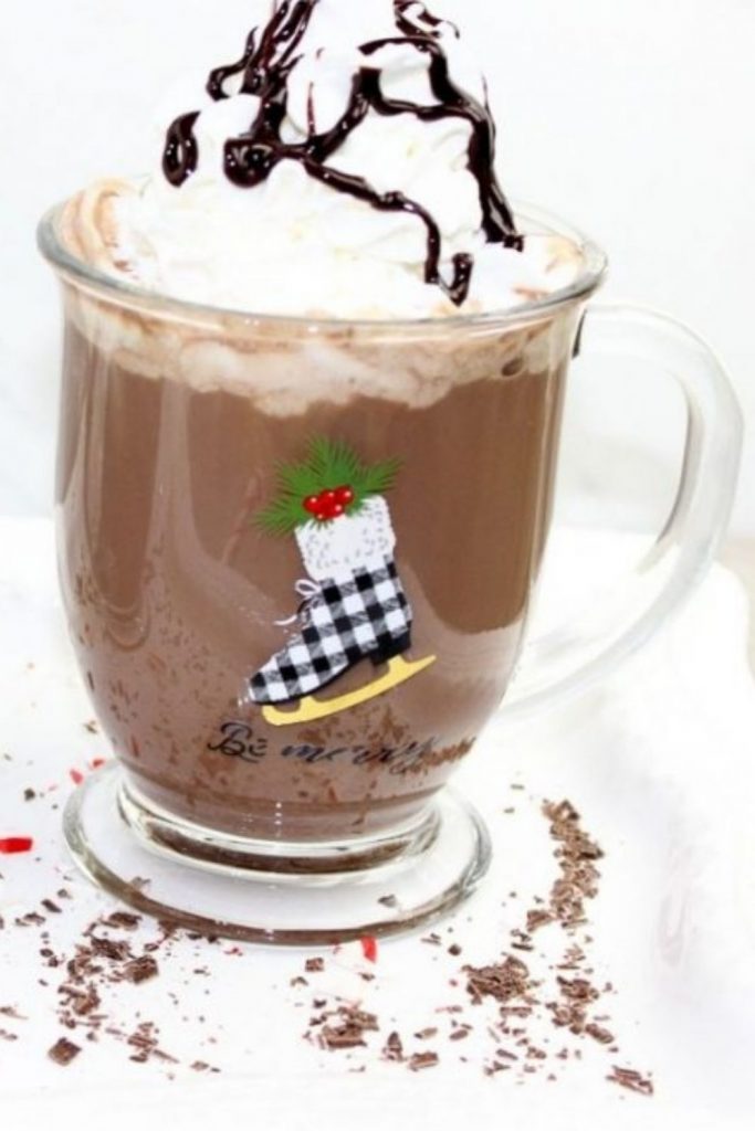 Boozy Hot Chocolate in a clear mug.